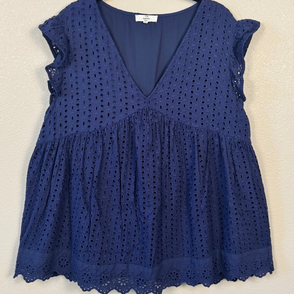 Entro Eyelet Babydoll Top Blue Flutter Sleeve Boho Cottagecore XL
